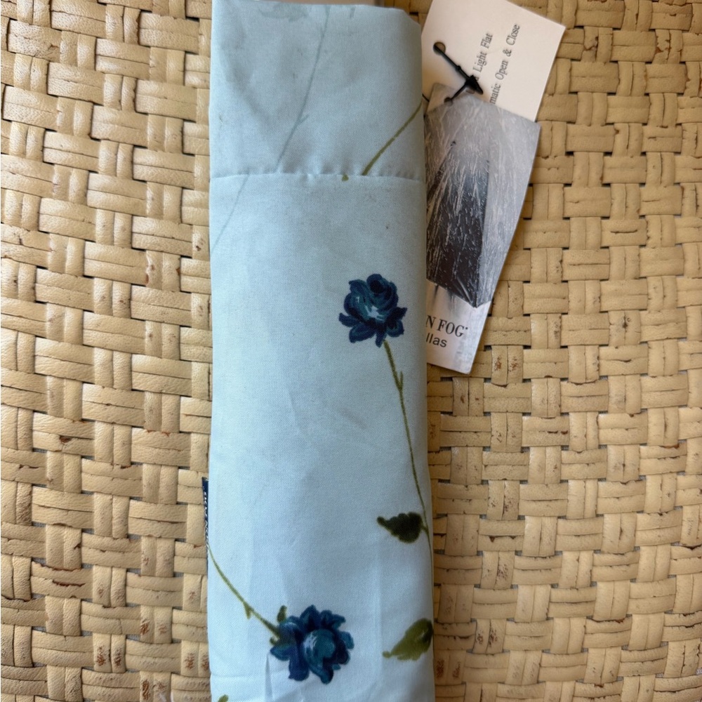 London Fog Light Blue Umbrella w/ Dark Blue Flowers  NWT